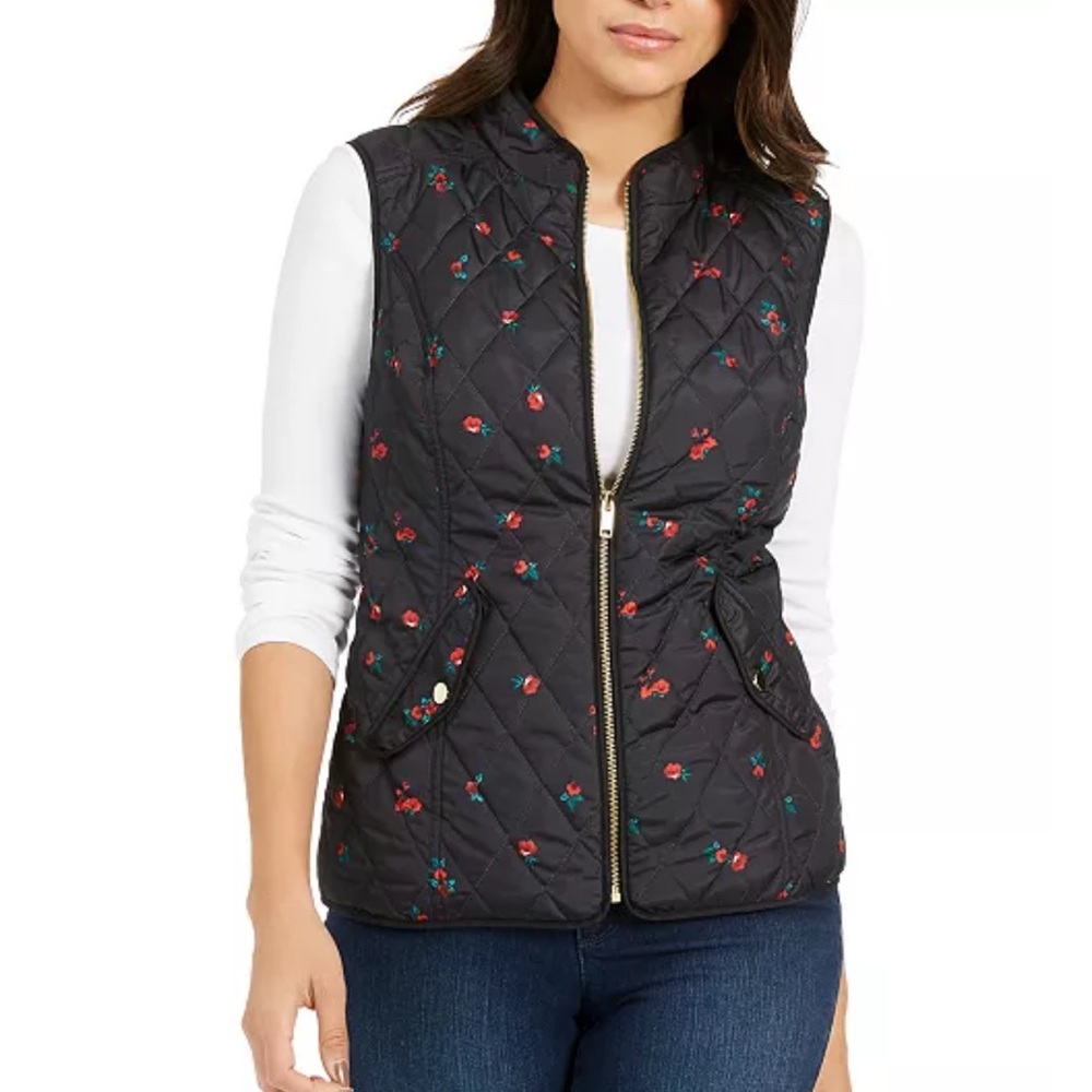 Charter Club Black Floral Quilted Vest Size S Full Zip